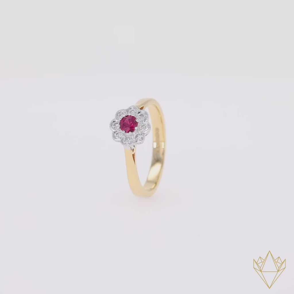 18ct Yellow Gold Ruby & Diamond Flower Cluster Ring - 360 Video