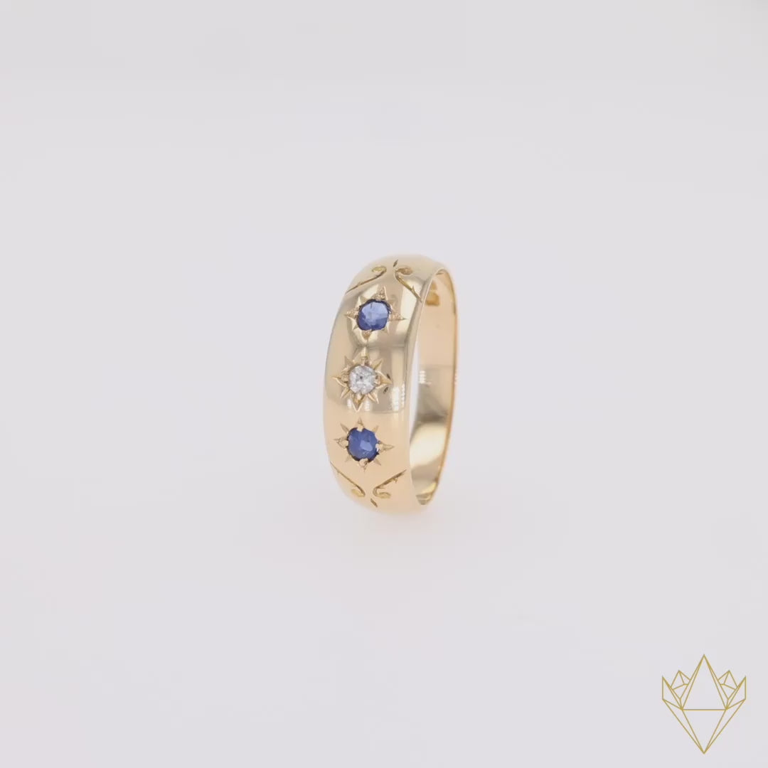 18ct Yellow Gold Sapphire & Diamond Trilogy Victorian Ring - 360 Video
