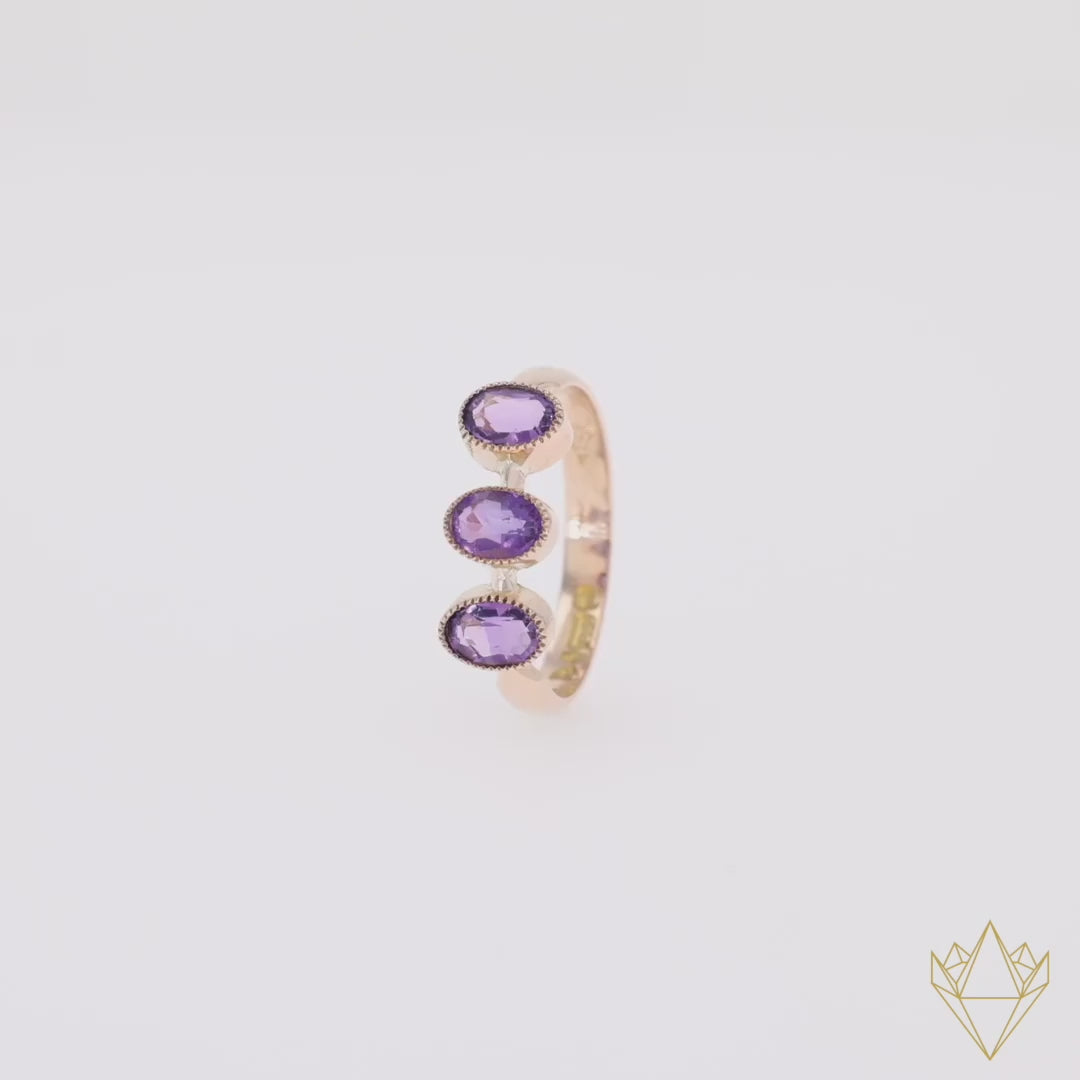 9ct Rose Gold Oval Shaped Amethyst Trilogy Edwardian Ring - 360 Video