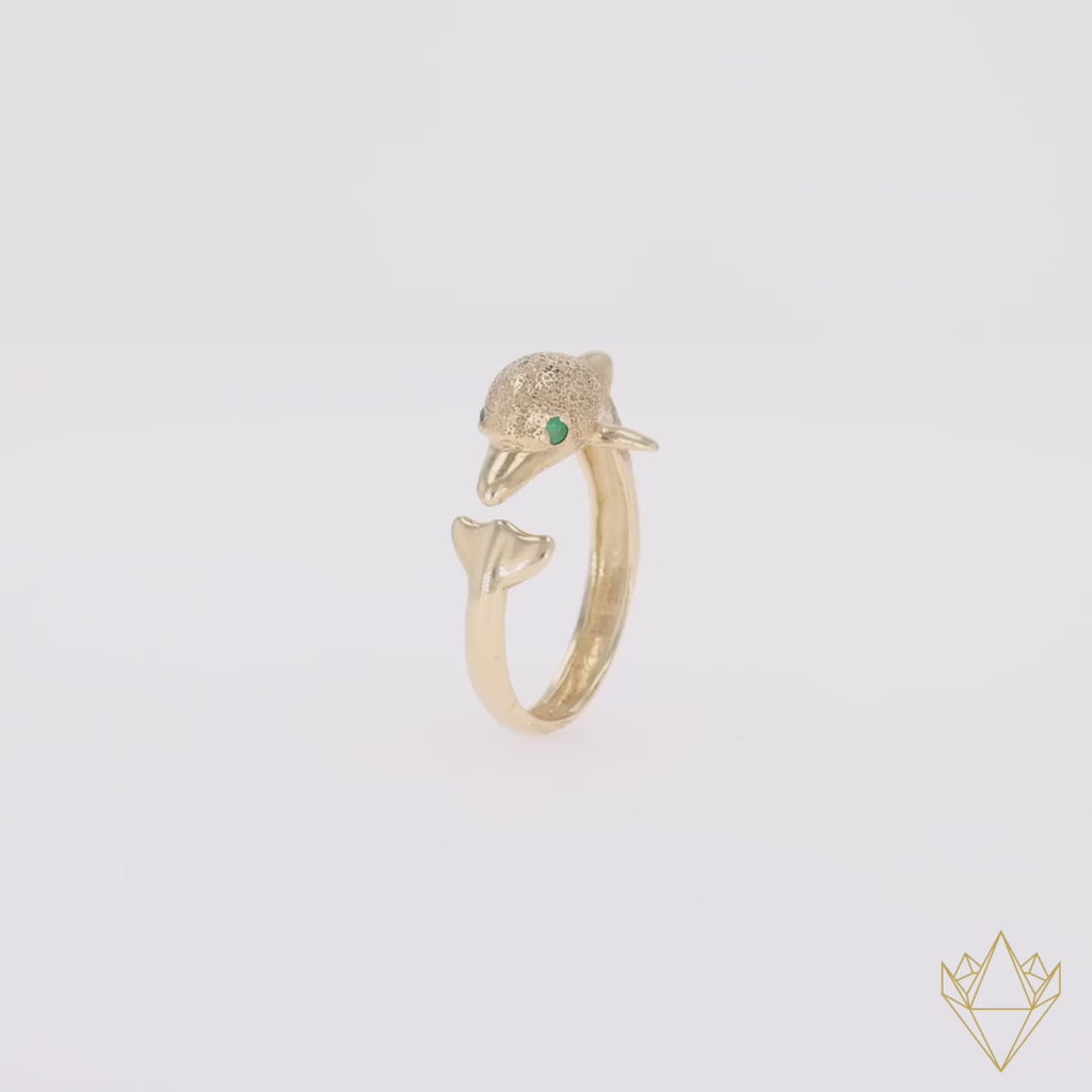 14ct Yellow Gold Emerald Dolphin Ring - 360 Video