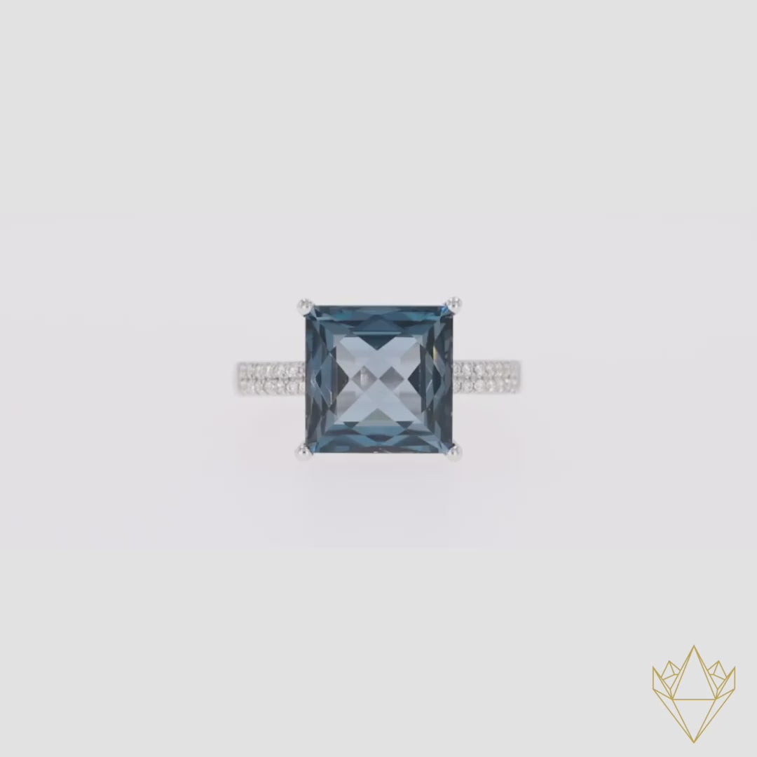 9ct White Gold Square Cut London Blue Topaz & Diamond Cocktail Ring - 360 Video