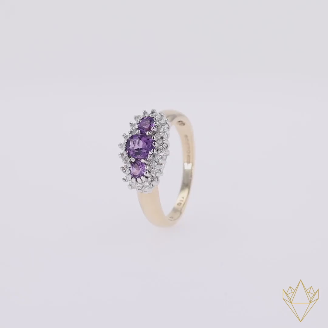 9ct Yellow Gold Amethyst & Diamond Trilogy Cluster Ring - 360 Video
