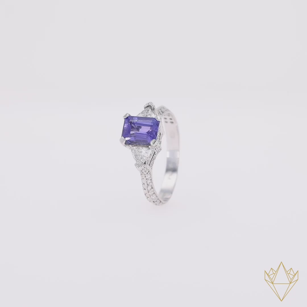 Platinum Emerald Cut Certified 1.32ct Tanzanite & Diamond Trilogy Ring - 360 Video