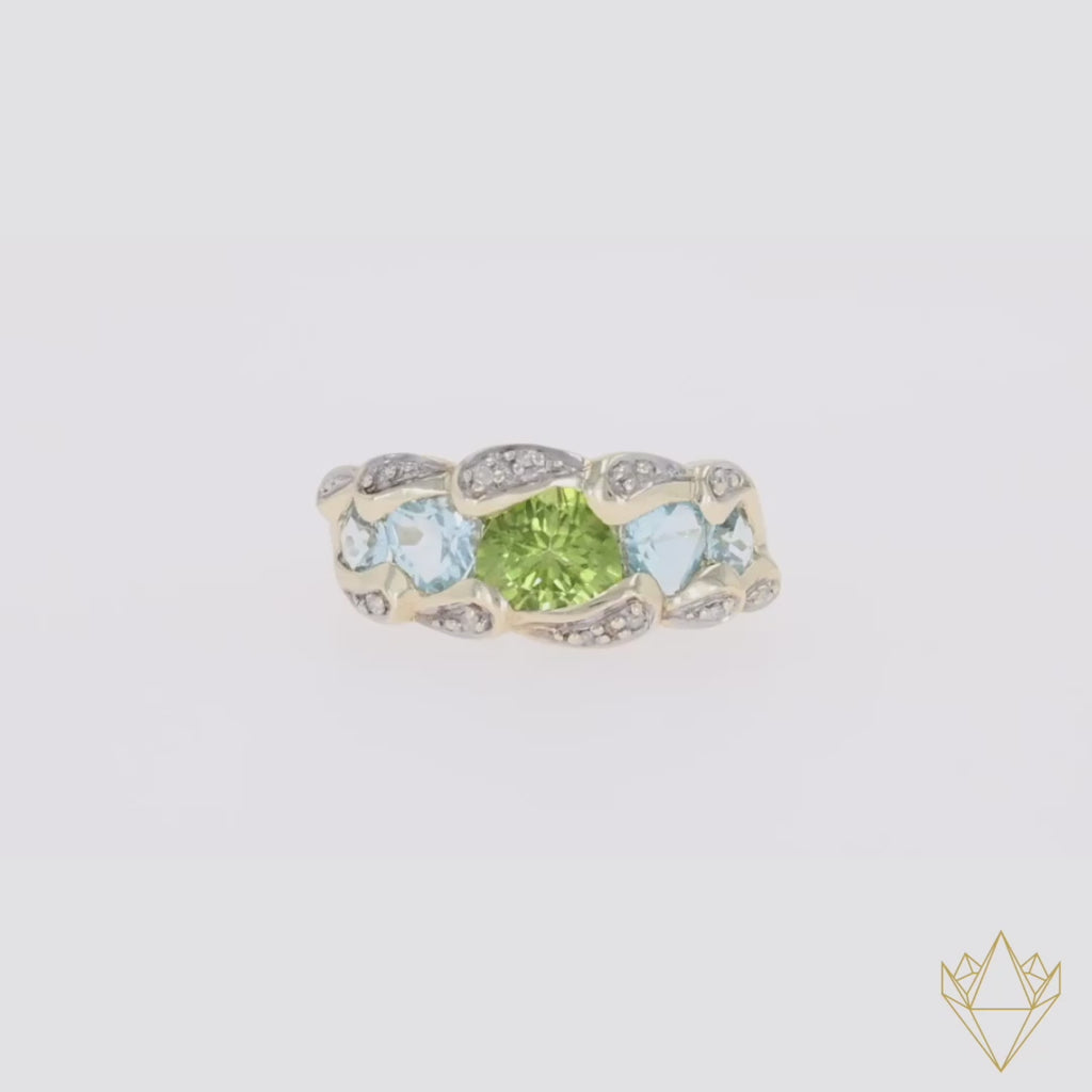 9ct Yellow Gold Peridot, Blue Topaz & Diamond Dress Ring - Video