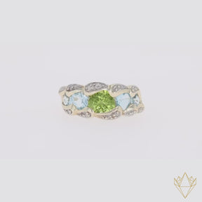 9ct Yellow Gold Peridot, Blue Topaz & Diamond Dress Ring - Video