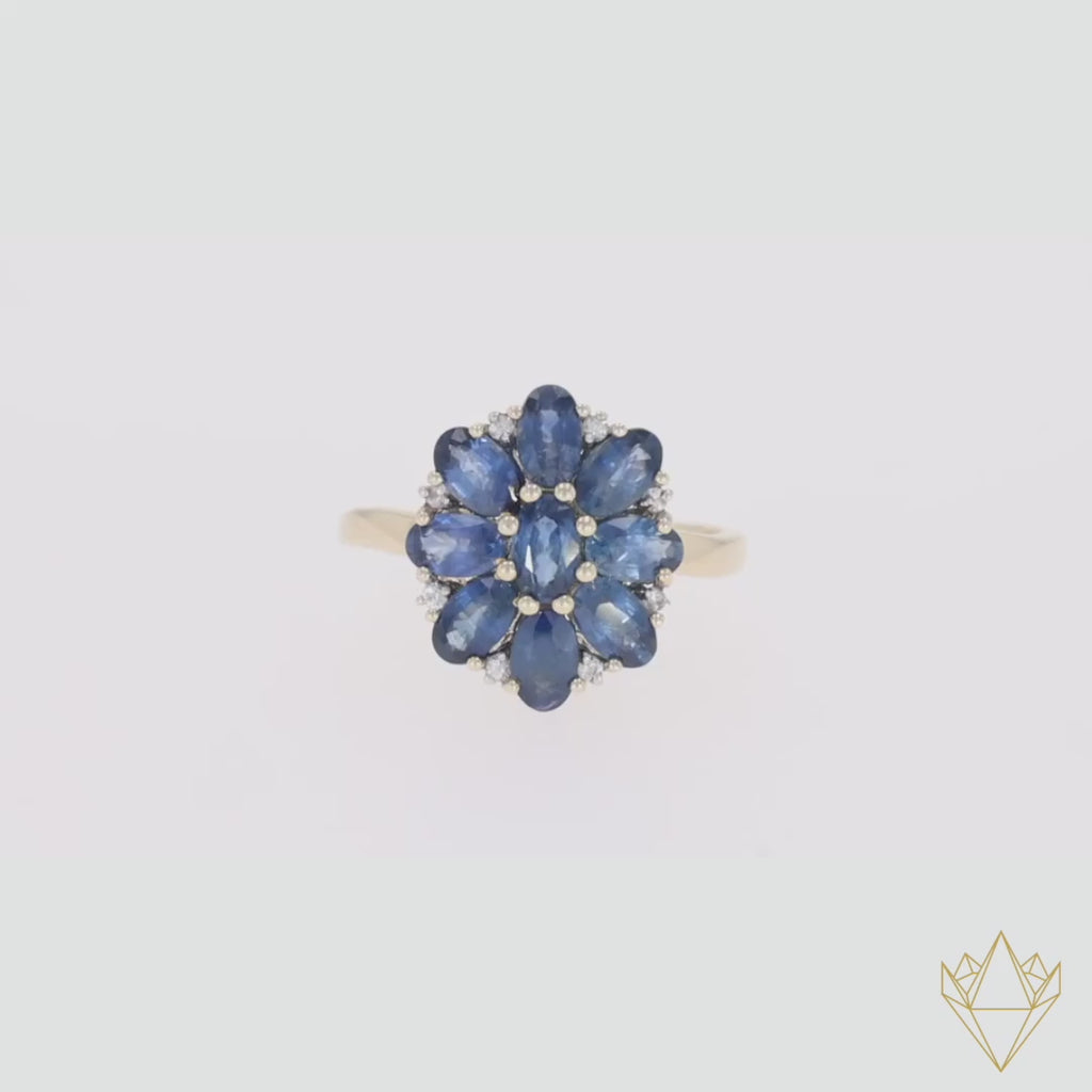 9ct Yellow Gold Oval Shaped Sapphire & Diamond Cluster Ring