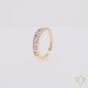 18ct Yellow Gold Princess Cut Pink Sapphire & Baguette Cut Diamond Eternity Ring - 360 Video