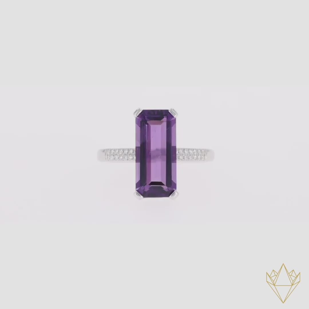 9ct White Gold Long Octagon Shaped Amethyst & Diamond Cocktail Ring - 360 Video