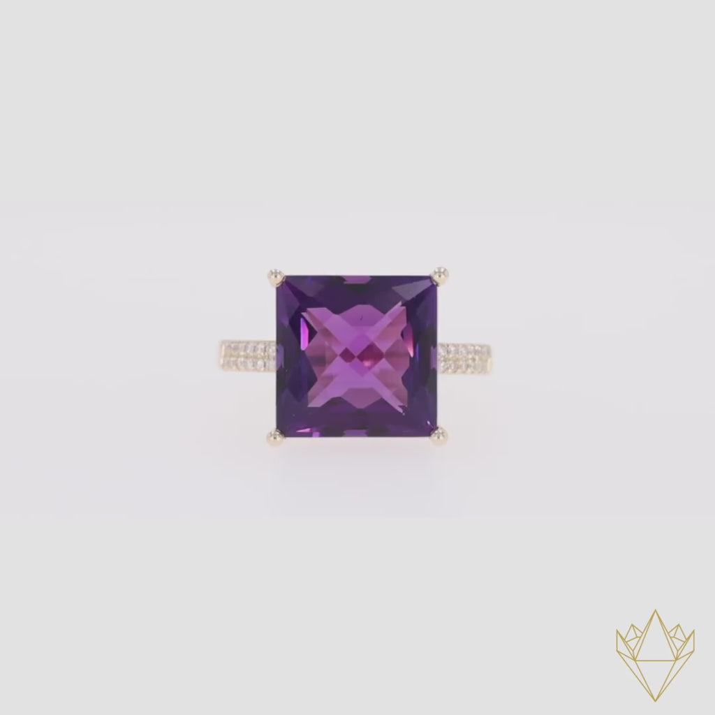 9ct Yellow Gold Square Cut Amethyst & Diamond Cocktail Ring - 360 Video