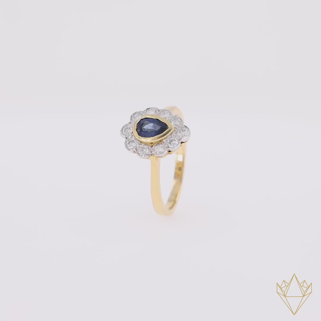 18ct Yellow Gold Pear Shaped Sapphire & Diamond Cluster Ring - 360 Video