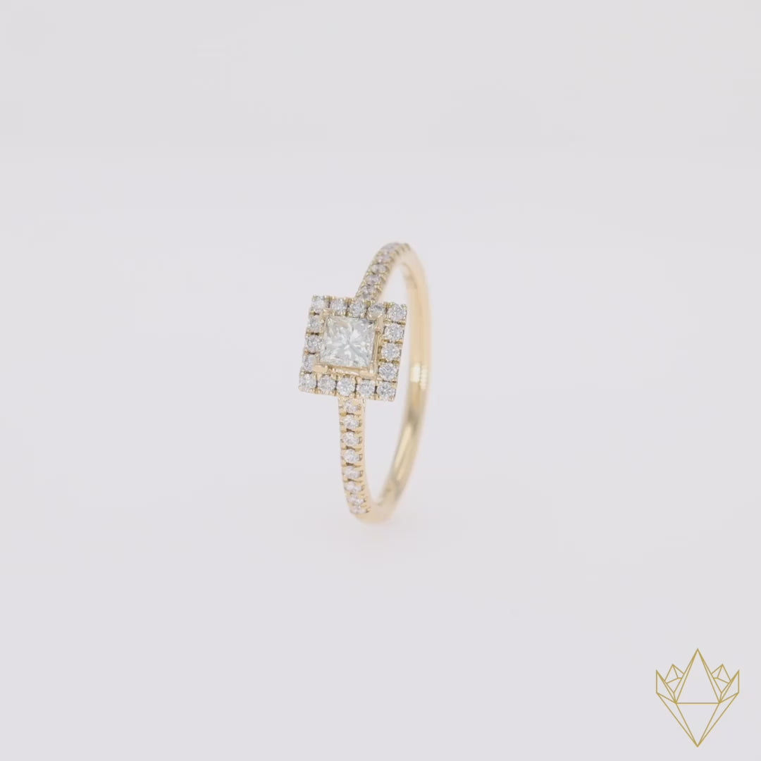 360 Video 18ct Yellow Gold Princess Shaped Diamond Halo & Shoulder 0.63ctw Ring