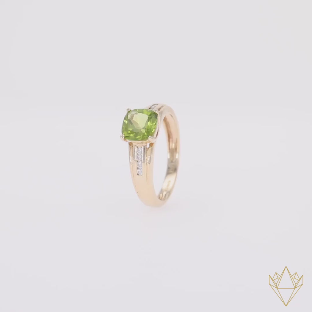 9ct Yellow Gold Cushion Cut Peridot & Diamond Ring - 360 Video