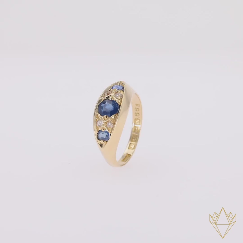 18ct Yellow Gold Sapphire & Diamond Navette Edwardian Ring - 360 Video