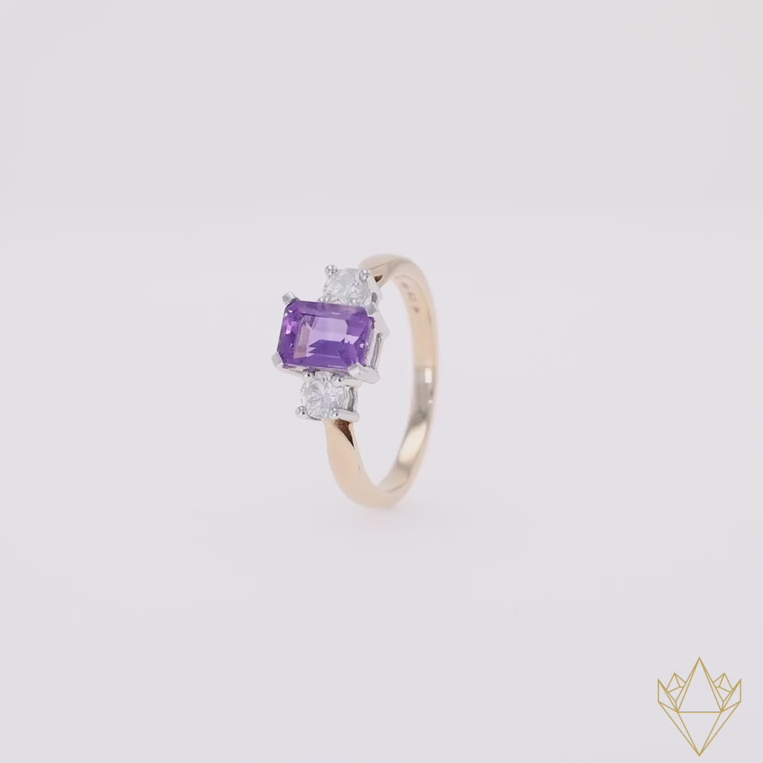 9ct Yellow Gold Amethyst & Diamond Trilogy Ring - 360 Video