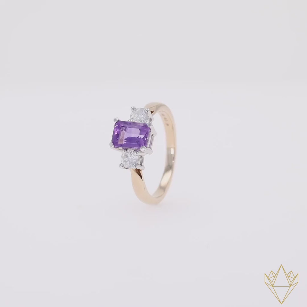 9ct Yellow Gold Amethyst & Diamond Trilogy Ring - 360 Video