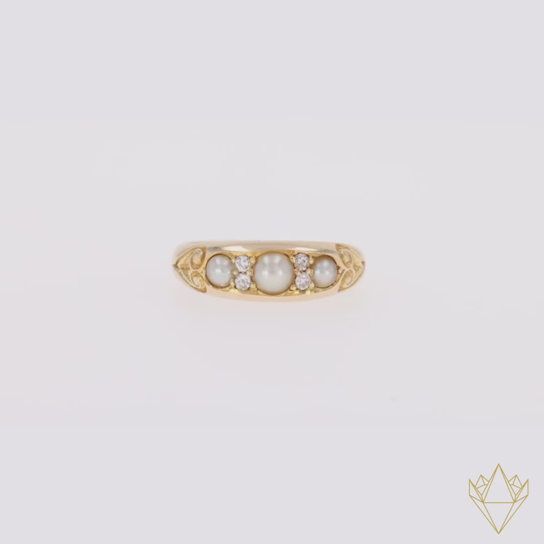 18ct Yellow Gold Pearl & Diamond Seven Stone Victorian Ring - Video