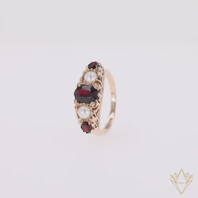 9ct Yellow Gold Cultured Pearl & Garnet "Victorian" Style Ring - 360 Video