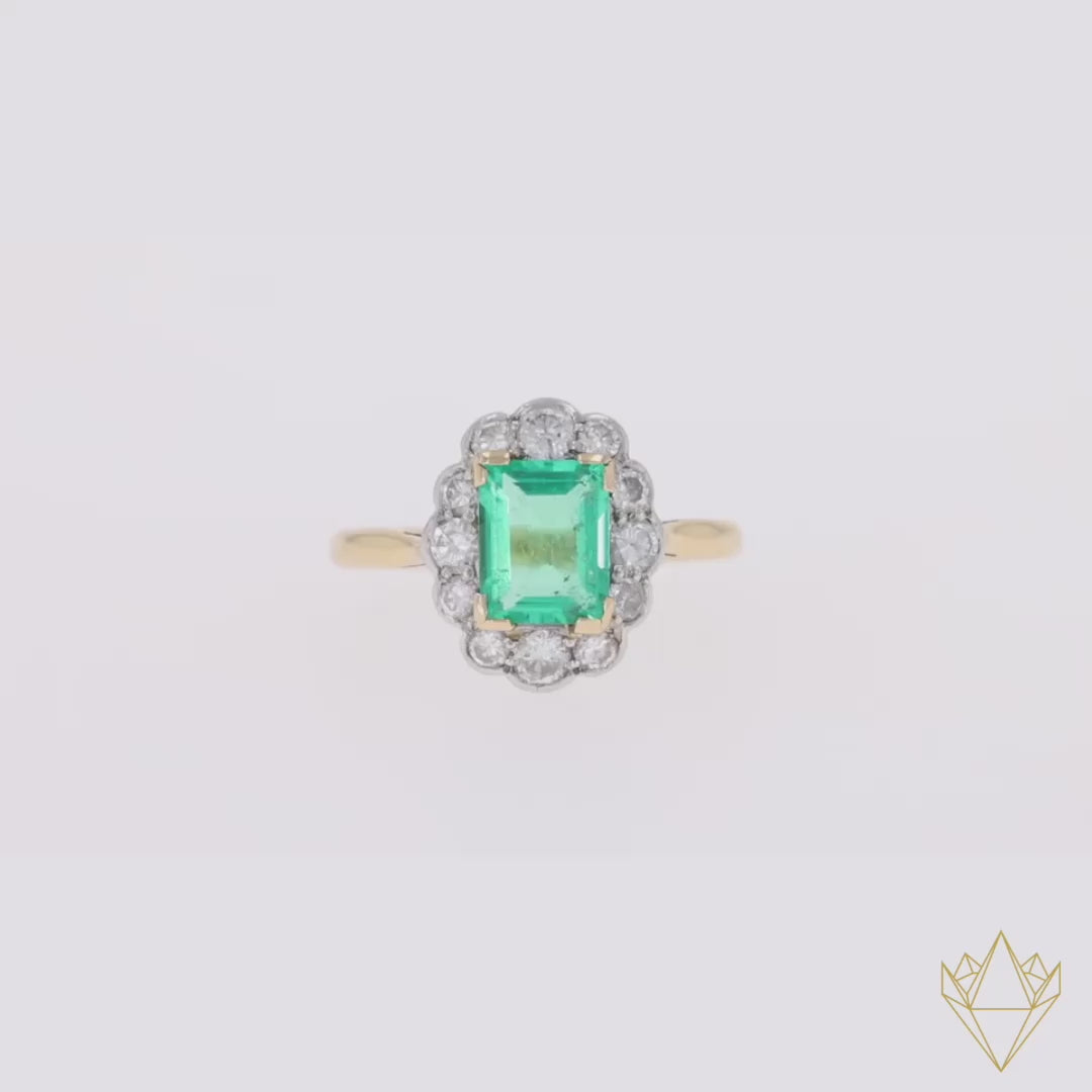 18ct Yellow Gold & Platinum Emerald & Diamond Scalloped Cluster Ring - Video