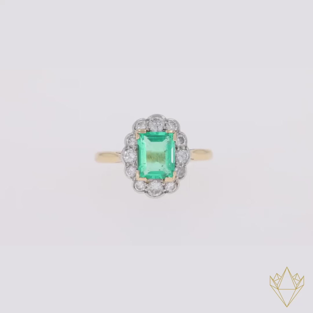 18ct Yellow Gold & Platinum Emerald & Diamond Scalloped Cluster Ring - Video