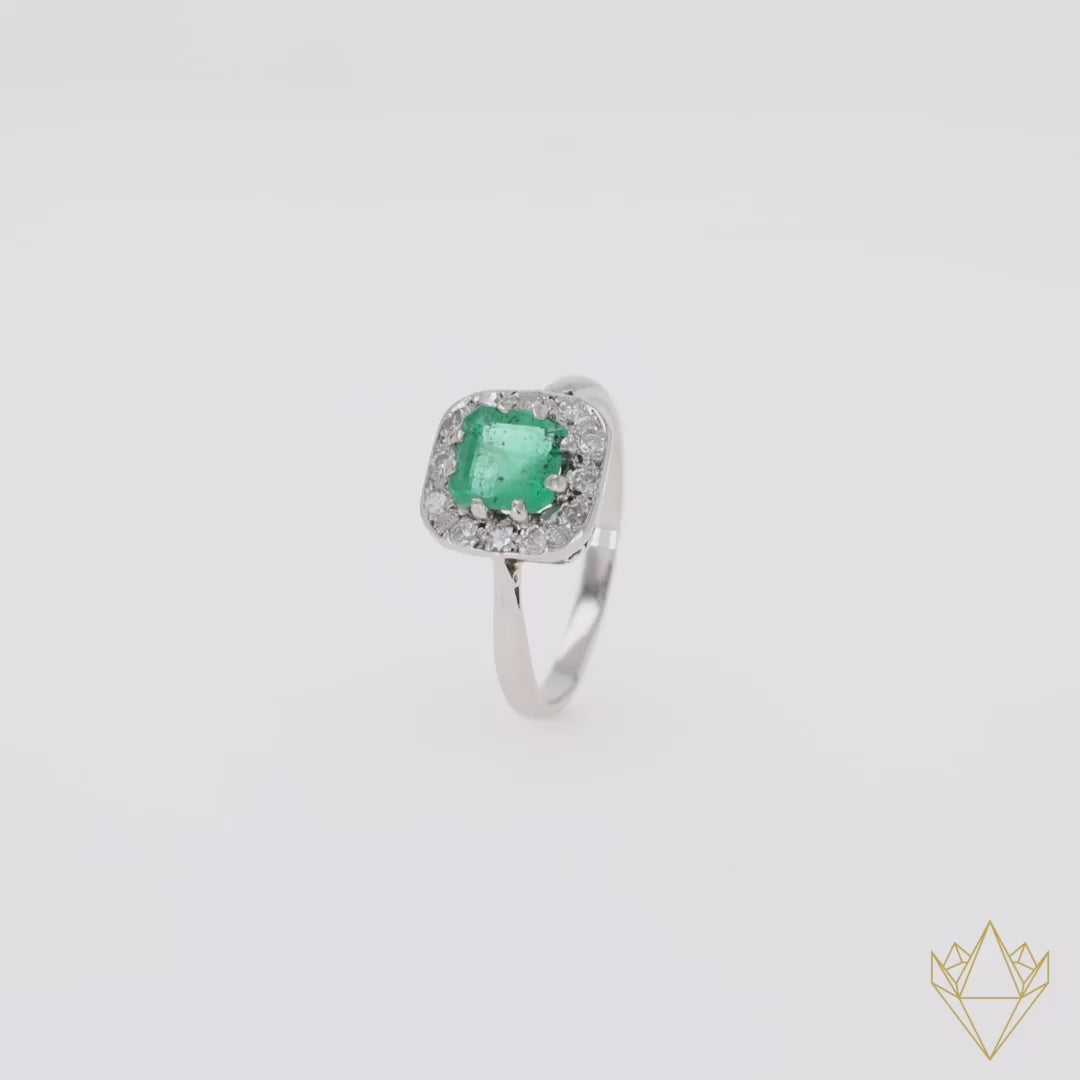 Platinum Asscher Cut Emerald & Diamond Cluster Ring - 360 Video