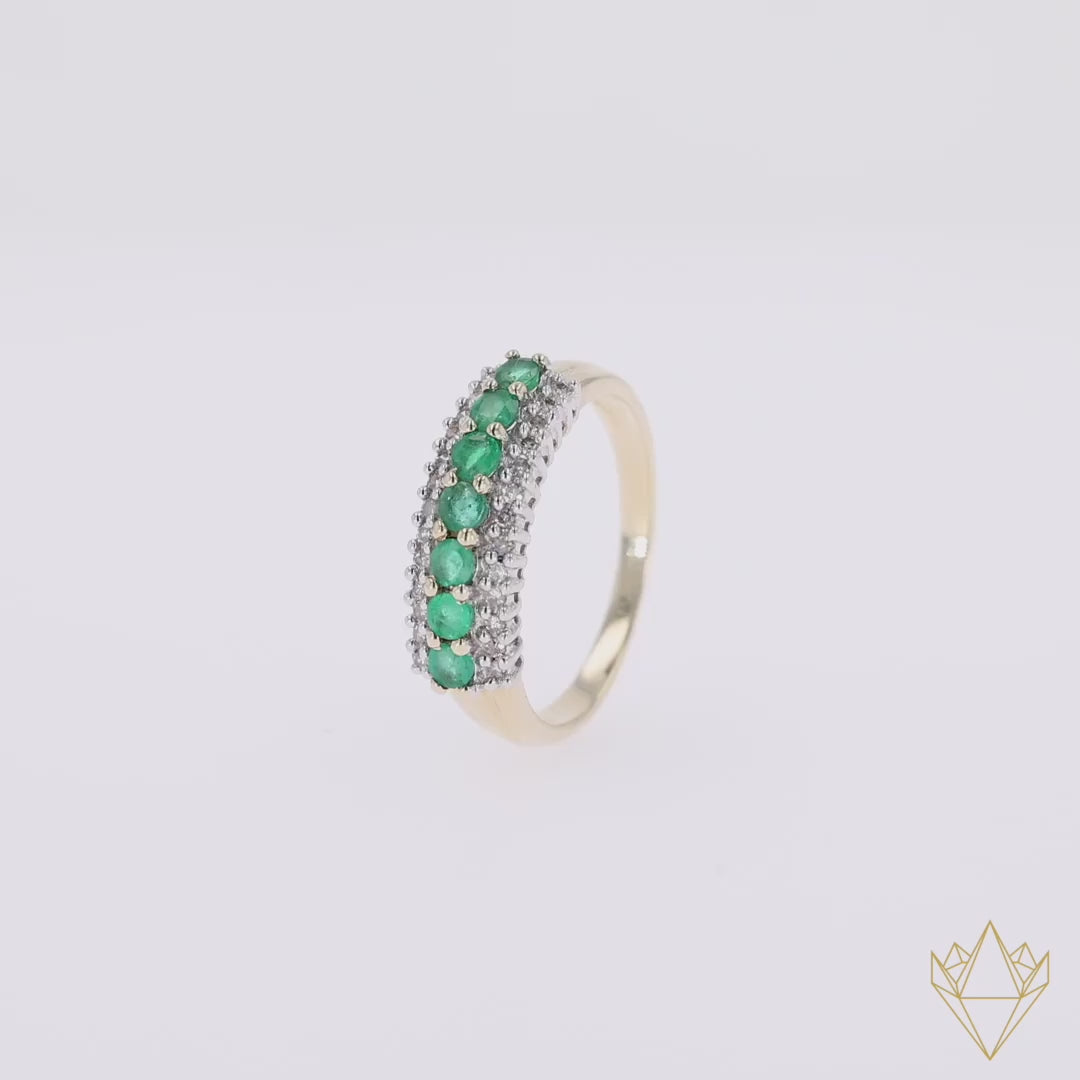9ct Yellow Gold Emerald & Diamond Triple Row Ring - 360 Video