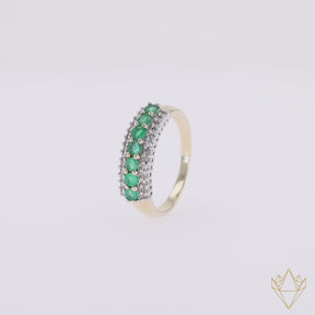 9ct Yellow Gold Emerald & Diamond Triple Row Ring - 360 Video