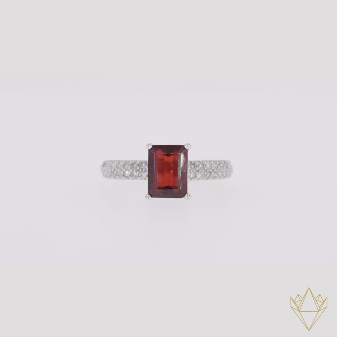 9ct White Gold Emerald Cut Garnet Solitaire Ring With Diamond Shoulders - Video