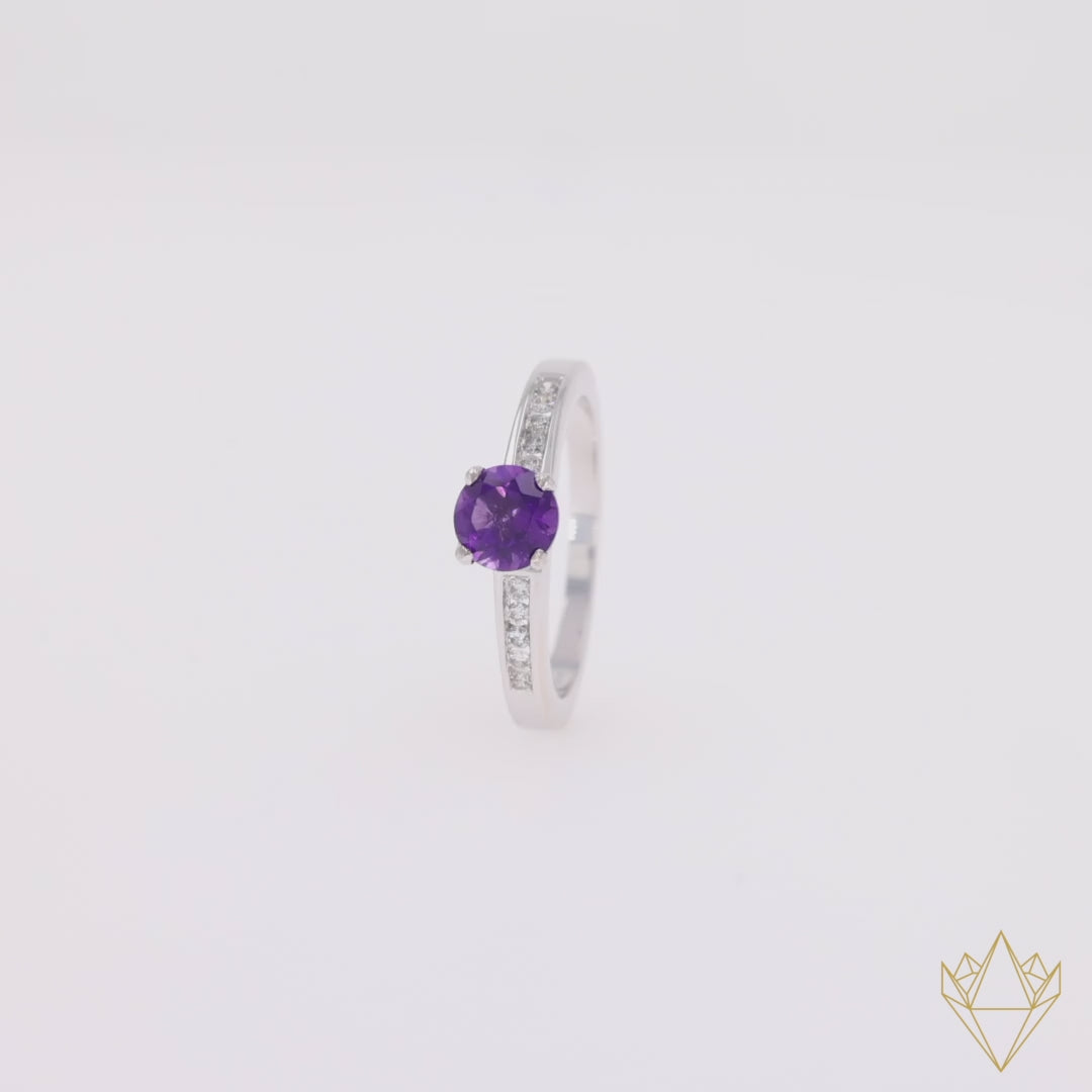 18ct White Gold Amethyst & Diamond Channel Set Shoulders Solitaire Ring - 360 Video