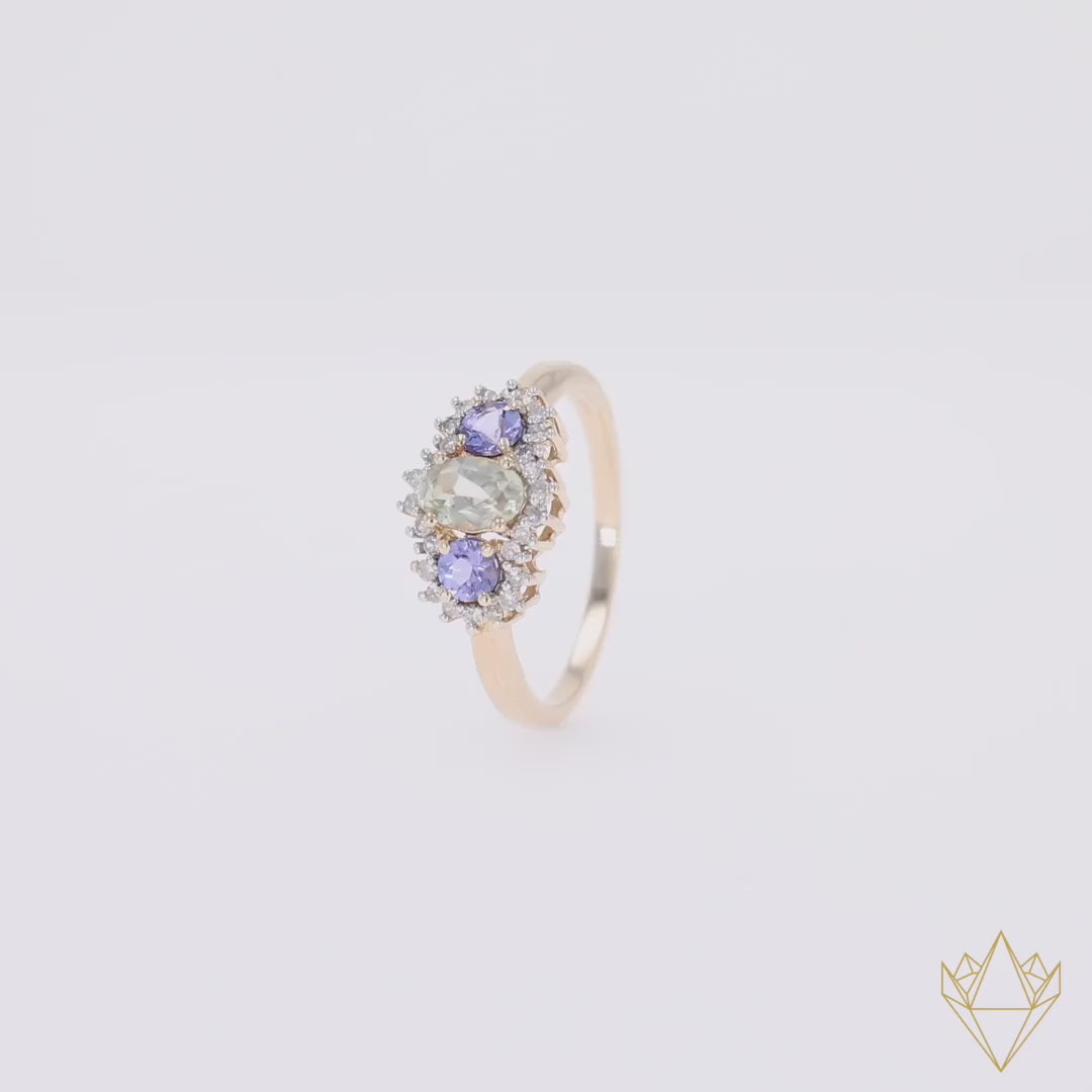 14ct Yellow Gold Diaspore, Tanzanite & Diamond Cluster Ring - 360 Video