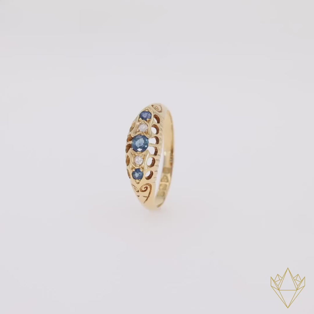 18ct Yellow Gold Sapphire & Diamond Five Stone Edwardian Ring - 360 Video