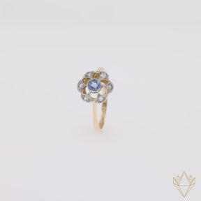 18ct Yellow & White Gold Sapphire & Diamond Flower Cluster Edwardian Ring - 360 Video