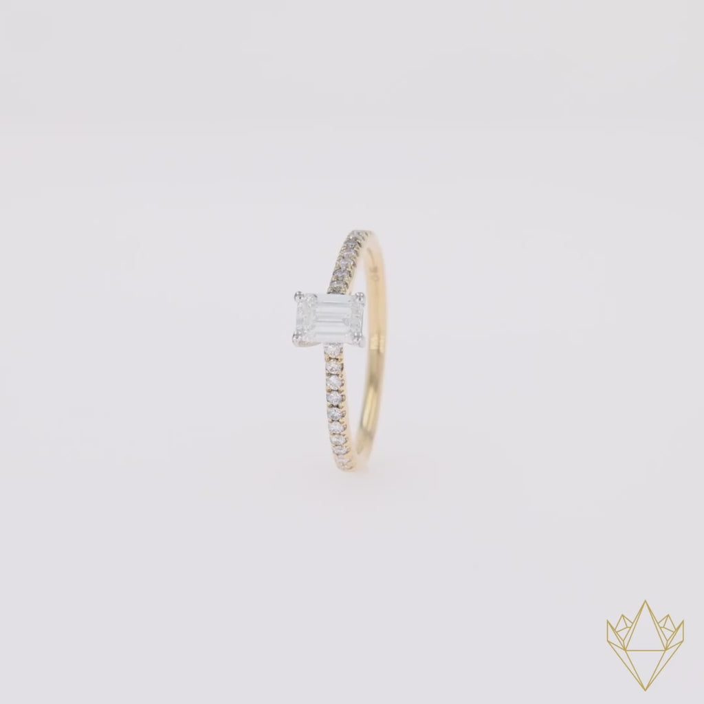18ct Two Colour Gold Emerald Cut Diamond Solitaire & Shoulder 0.73ctw Ring - 360 Video
