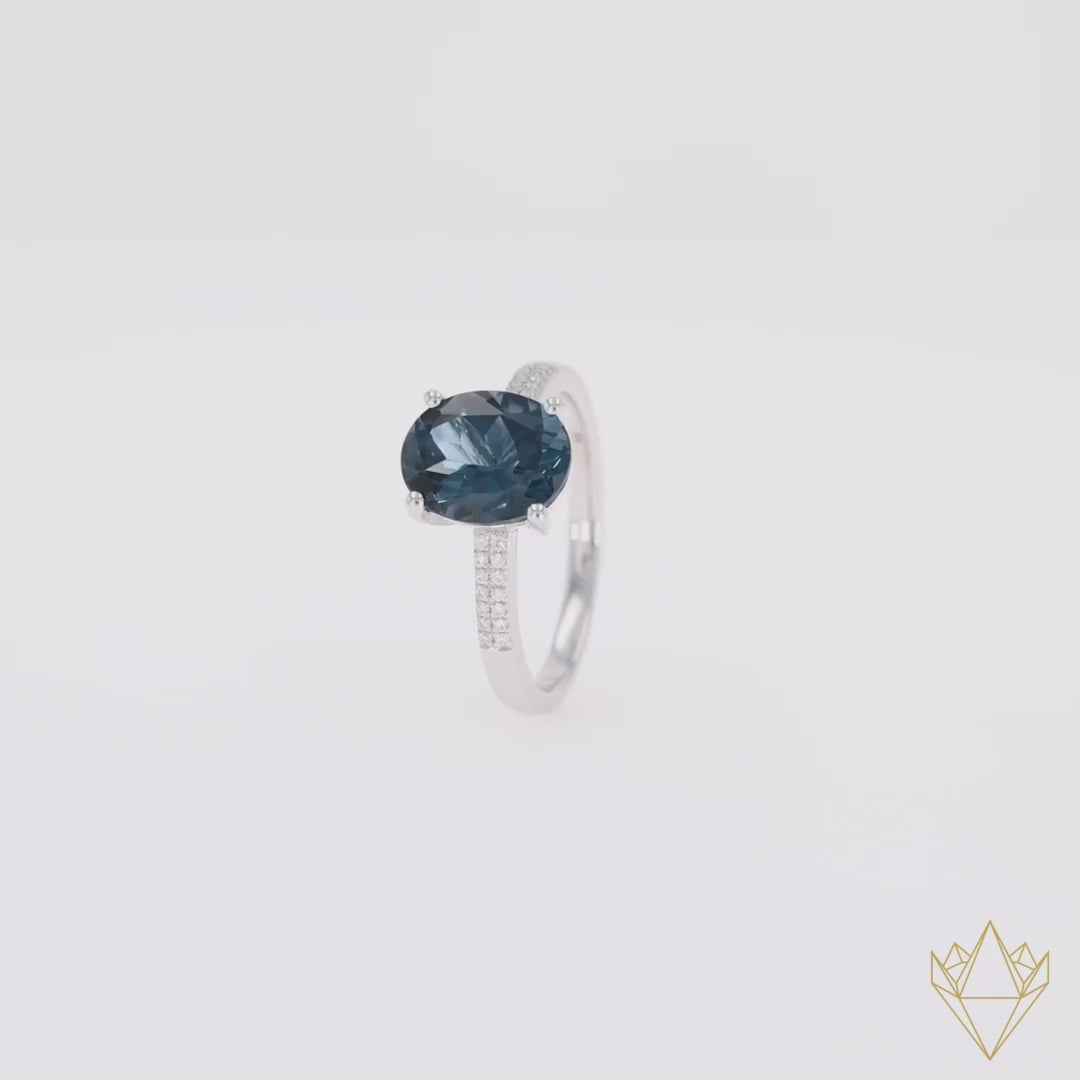 9ct White Gold Oval Cut London Blue Topaz & Diamond Solitaire Ring - 360 Video