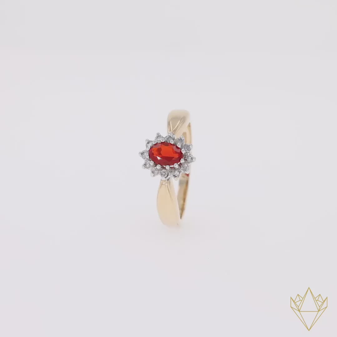 9ct Yellow Gold Oval Shaped Fire Opal & Diamond Cluster Ring - 360 Video