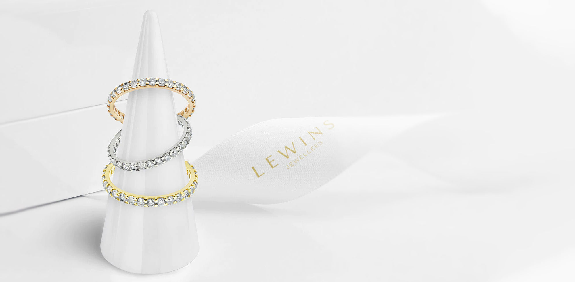 Full eternity rings set with diamonds in yellow, white and rose gold. 