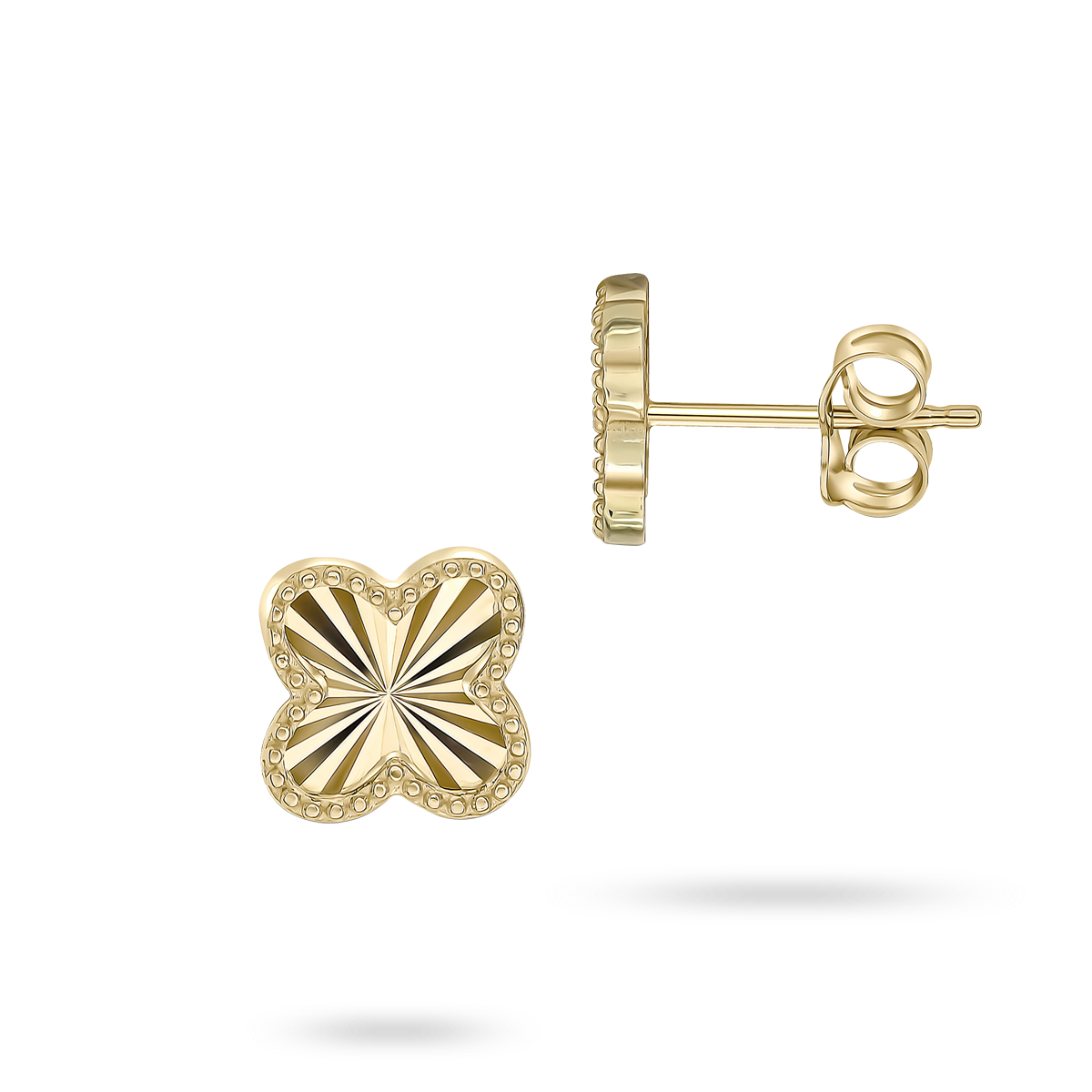 9ct Yellow Gold Beaded Edge Clover Stud Earrings