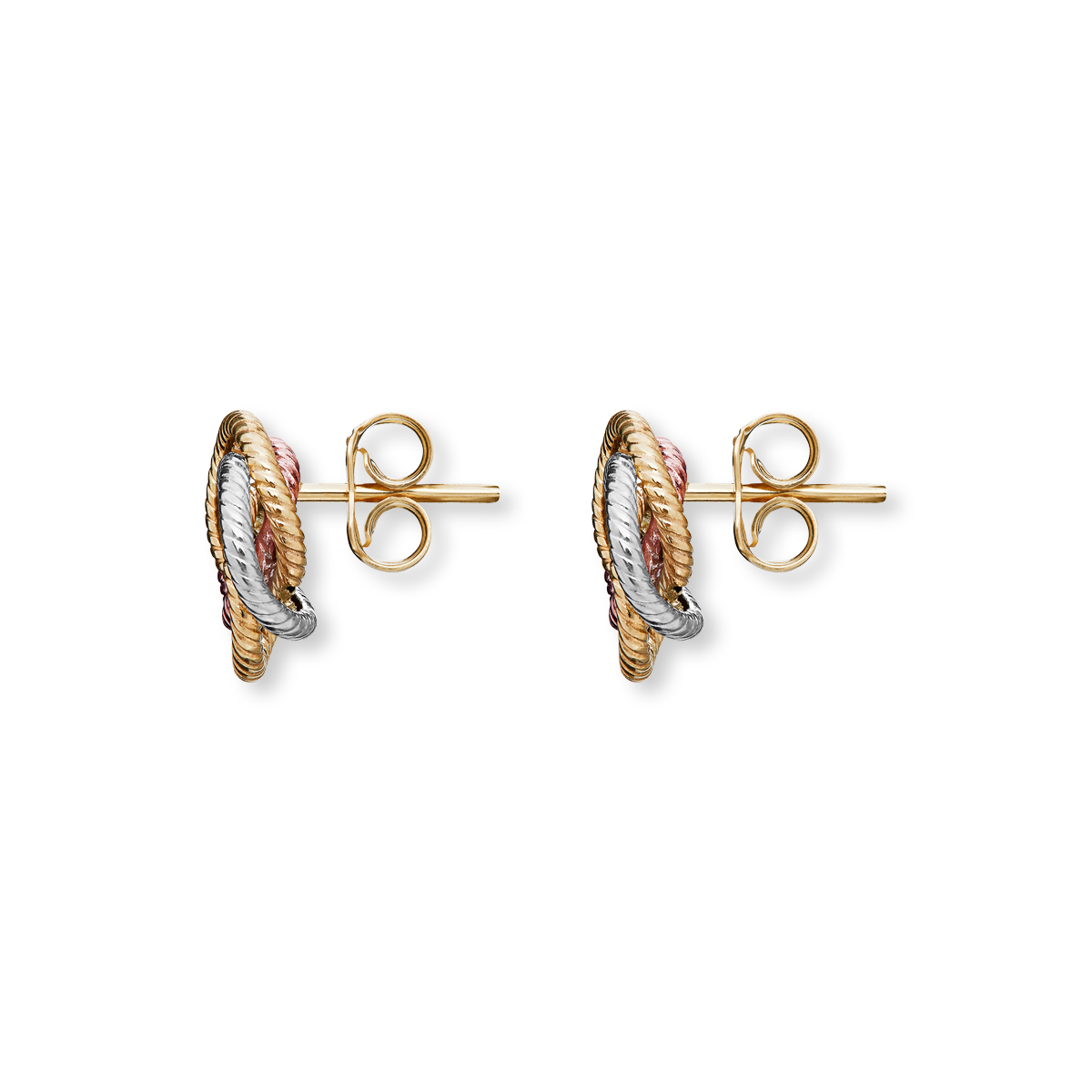 9ct Three Colour Gold Ribbed Wire Knot Stud Earrings
