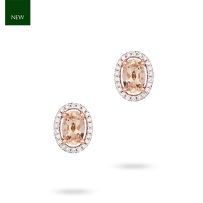 9ct Rose Gold Oval Morganite & Diamond Halo Cluster Stud Earrings