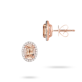 9ct Rose Gold Oval Morganite & Diamond Halo Cluster Stud Earrings