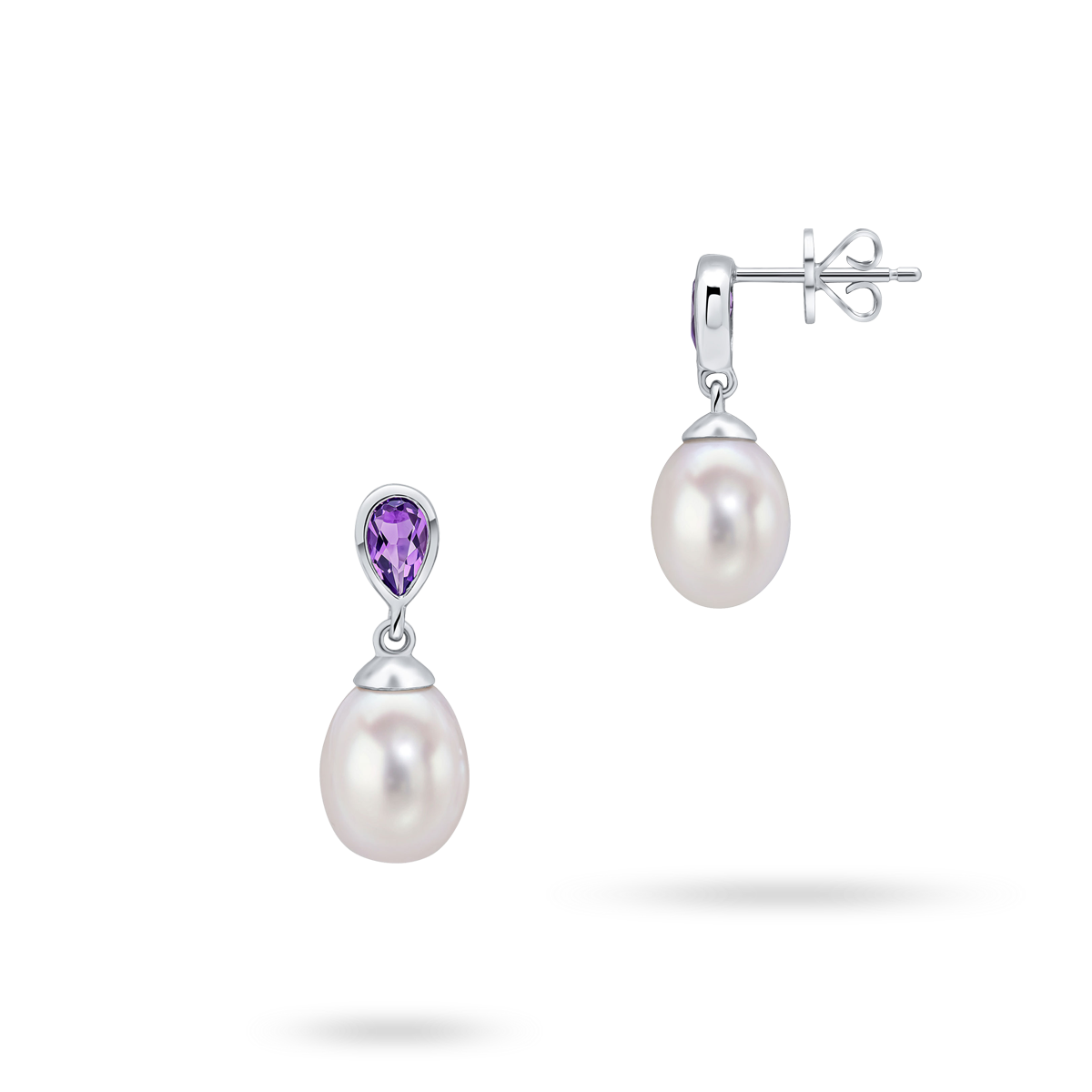 9ct White Gold Pearl and Amethyst Drop Earrings