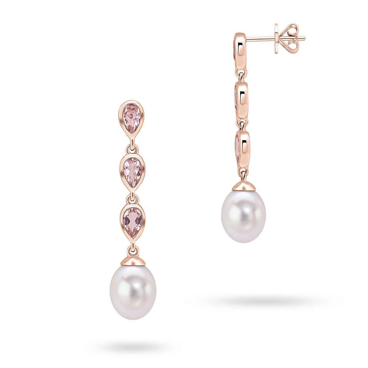 9ct Rose Gold Pearl and Morganite Triple Drop Earrings
