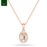 9ct Rose Gold Oval Morganite & Diamond Halo Cluster Pendant & Chain