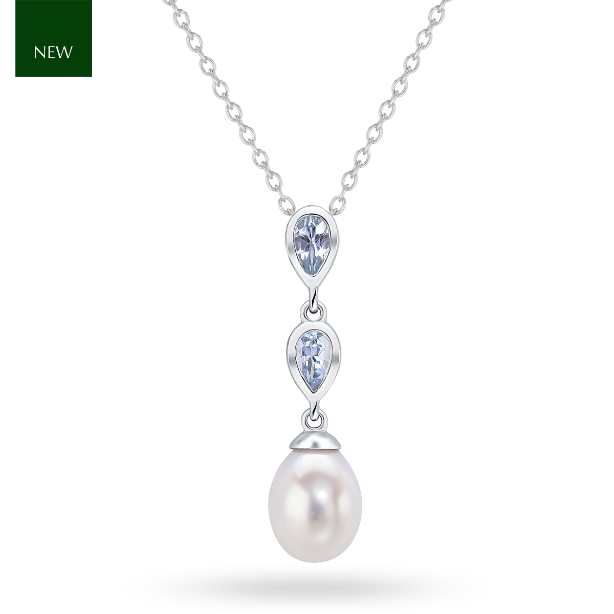9ct White Gold Pearl and Aquamarine Double Drop Pendant & Chain