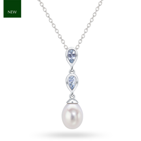 9ct White Gold Pearl and Aquamarine Double Drop Pendant & Chain