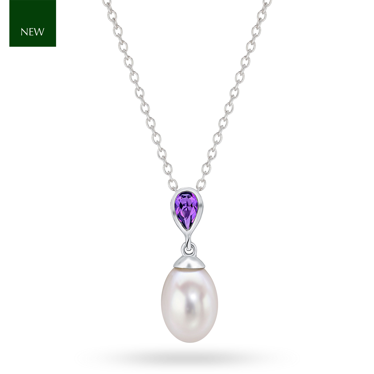 9ct White Gold Pearl and Amethyst Drop Pendant & Chain