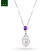 9ct White Gold Pearl and Amethyst Drop Pendant & Chain