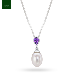 9ct White Gold Pearl and Amethyst Drop Pendant & Chain