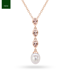 9ct Rose Gold Pearl and Morganite Triple Drop Pendant & Chain