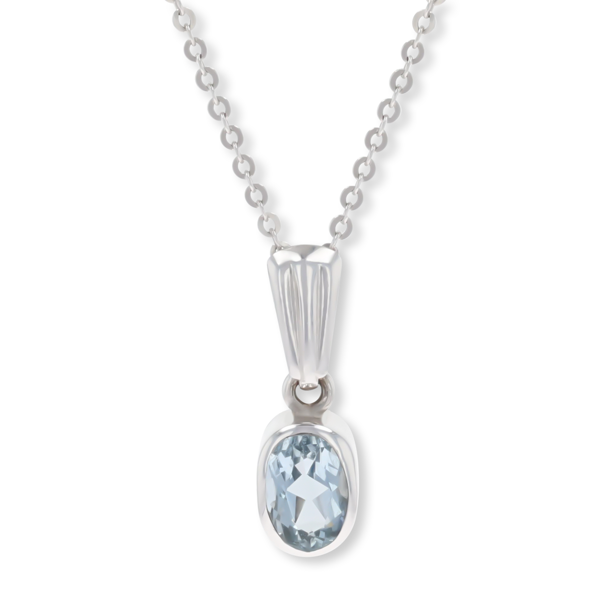 9ct White Gold Oval Aquamarine Bezel Set Solitaire Pendant & Chain