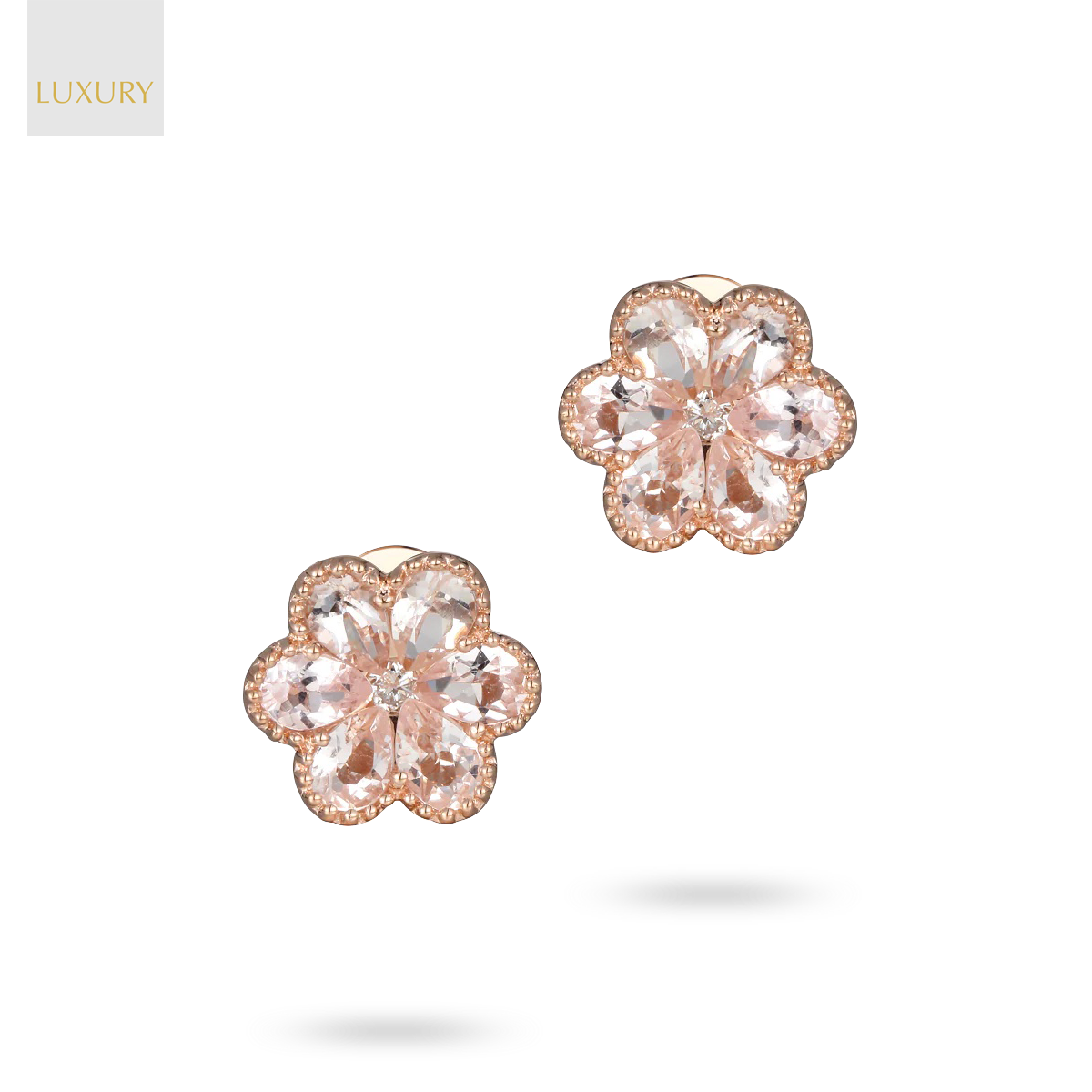 18ct Rose Gold Morganite & Diamond Flower Stud Earrings